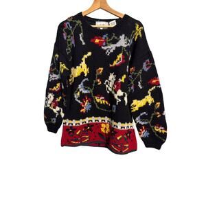 Vintage Needleworks Hand Knit Wool  Sweater Women’s L 80s 90s Folk Art Intarsia